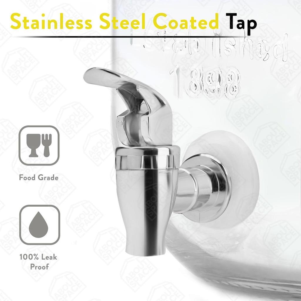 4 Litre Glass Water Dispenser with Stainless Steel Tap SS-304, Infuser & Stand - Air Tight Lid Detox Water Jar Mason Jar