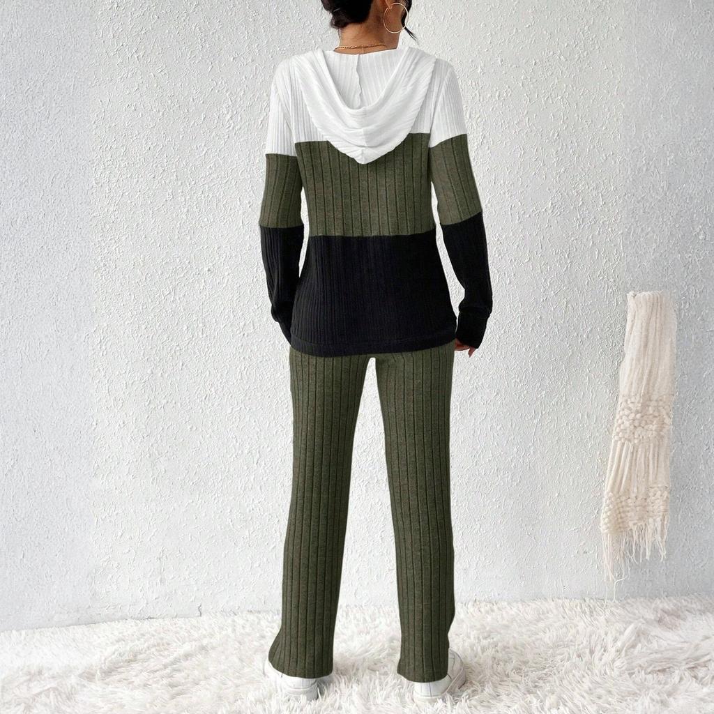 Women's Loose And Comfortable Hooded Drawstring Zipper Color Blocked Casual Fashion Top Color Pants Set