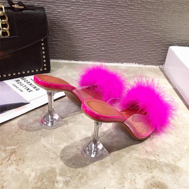 Eilyken Women Feather Transparent High Heels Fur Pumps Slippers Peep Toe Mules Pumps Slides White Ladies Shoes