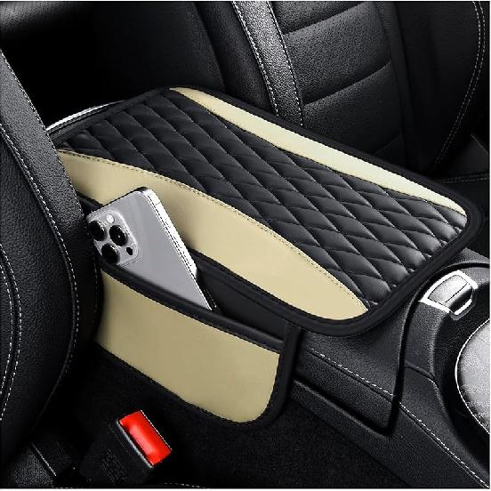 Patchwork Leather Center Console Covers For Cars,Upgraded Arm Rest Cover For Car With Side Storage Pocket For Car Seat Organizer,Middle Console Cover