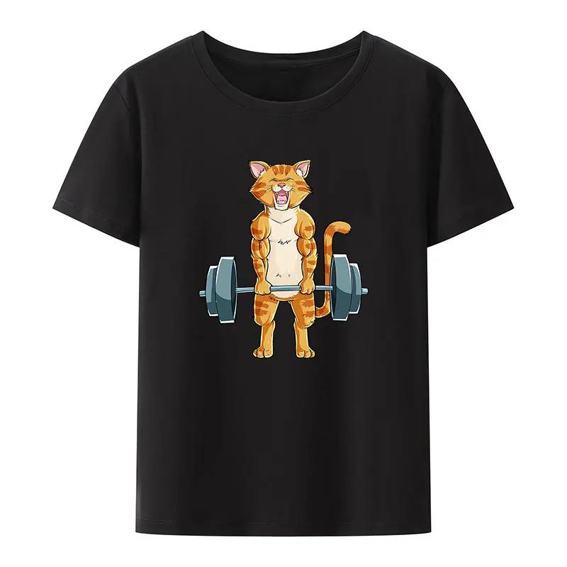 Cute Cat Powerlifting Gym Lover Modal Print T Shirts UnisexShort Sleeve Loose Breathable Camisetas Creative Casual Cool Tops