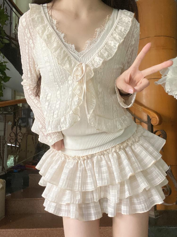 Kawaii Lolita Skjørt Shorts Kvinner Ruffle Patchwork Lagdelt Høy Midje Y2k Balletcore Miniskjørt Sommerfest Klubb