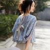Elegante Blusen Frauen Vintage Bogen Bandage Print Shirts Büro Dame Sommer Koreanische Batwing Hülse Casual Alle Spiel Chic Tops