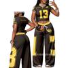 New Suit, Contrasting Red Collar Star Short-sleeved Short Top and Wide-leg Pants Two-piece Set.