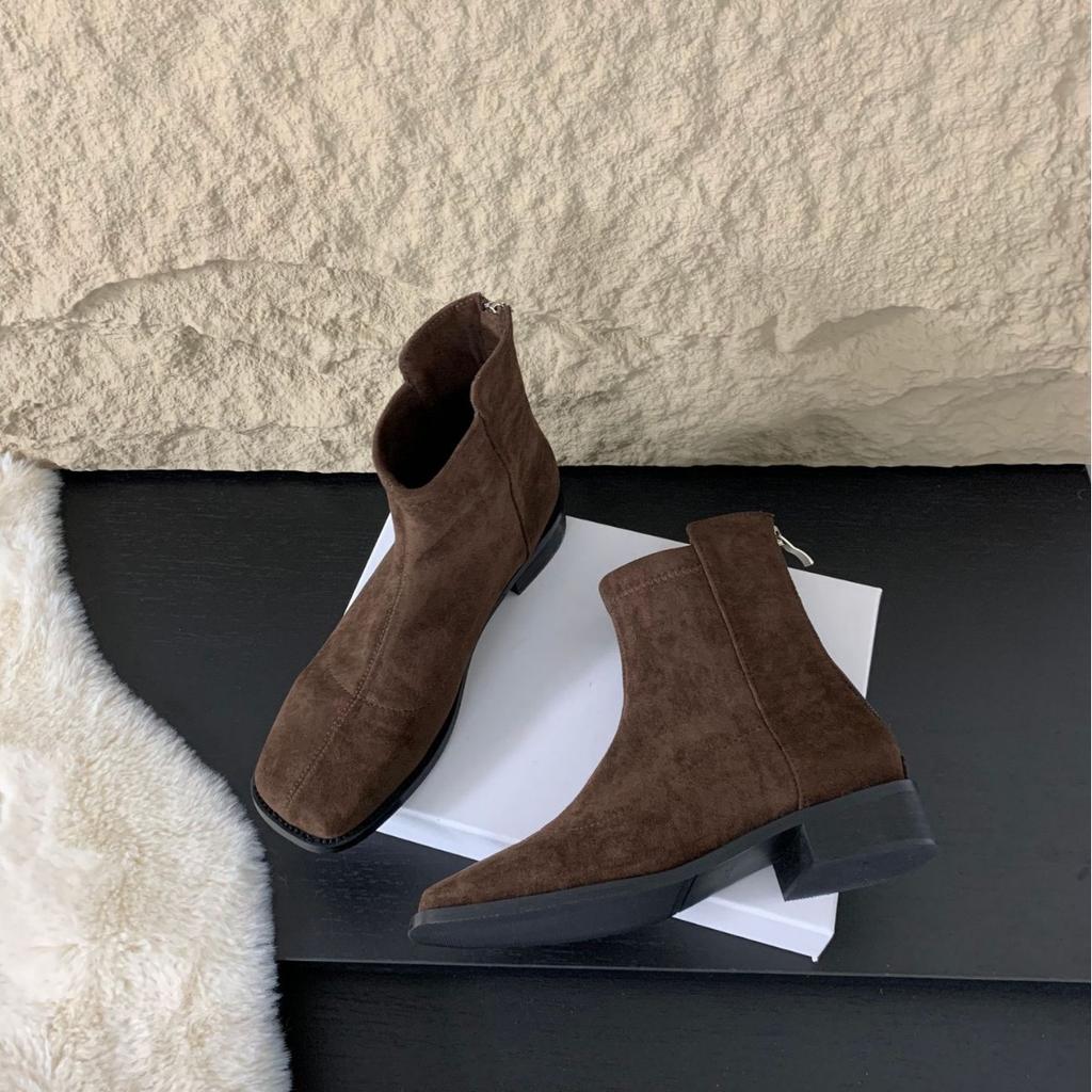 South Korea Dongdaemun Thick Heel Short Boots Women's Thin Boots 2025 Autumn and Winter New Square Head Zipper Commuter Simple Boots