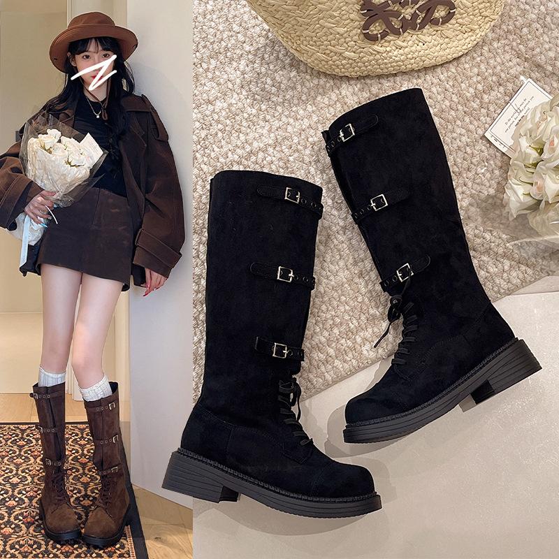Boots Women 2025 Autumn New British Style Lace-up Belt Buckle Knight Boots Square Heel Frosted Western Cowboy Boots