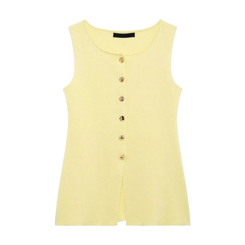 Spring New Arrival Knitting Sleeveless Tops Fashion Casual Round Neck Golden Button Plain Stitch Vest 4192100