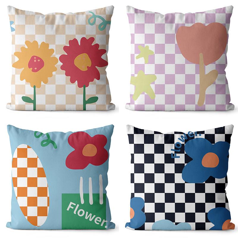 New Checkerboard Floral and Plant Printed Pillowcase, Peach Skin Velvet Digital Printed Home Pillow, Waist and Back Support