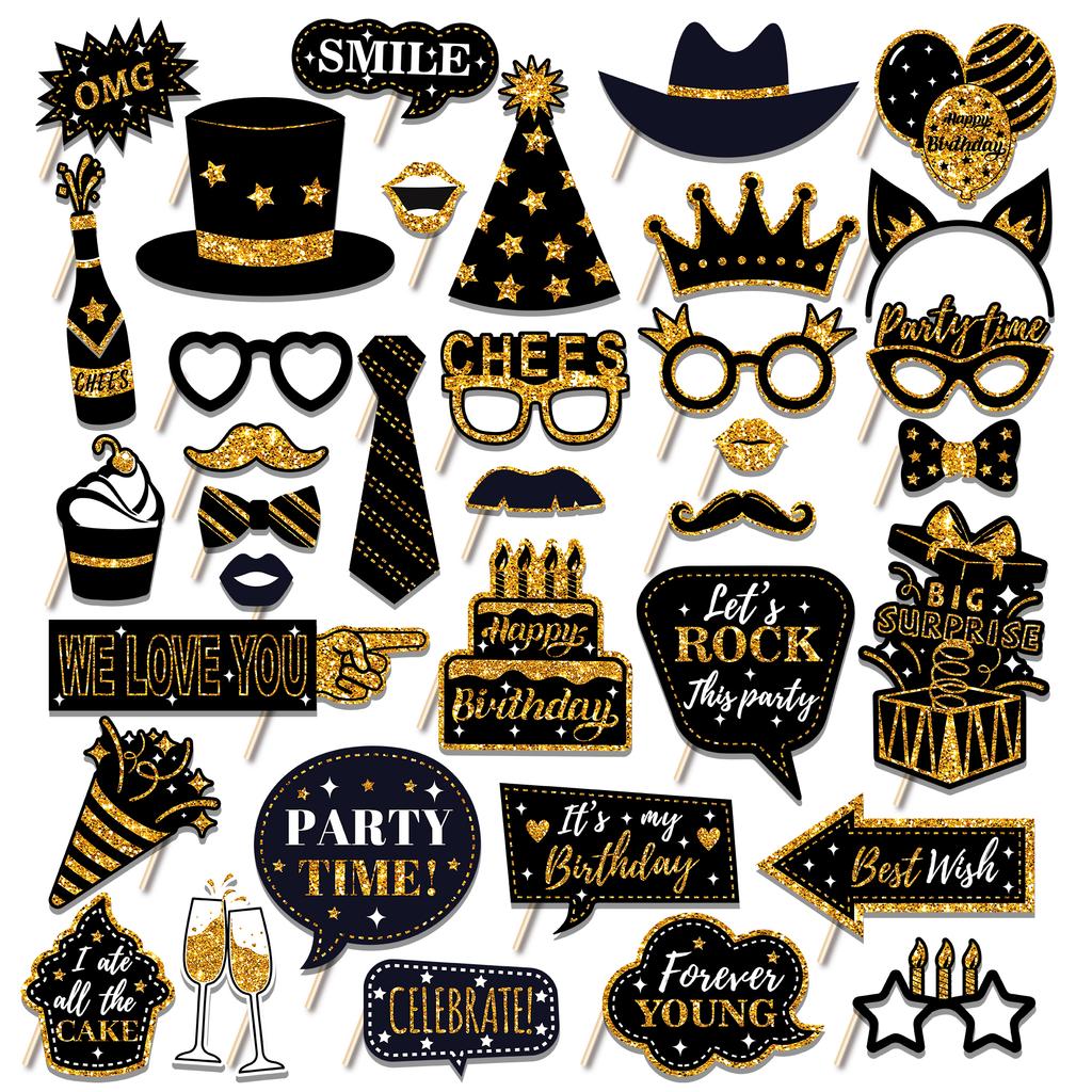 36pcs Happy Birthday Party Photo Booth Props Shimmer Powder Funny Glasses Lips Hat DIY Photo Shoot Prop Photobooth Accessories