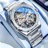 OLEVS Luxury Octagonal Skeleton Automatic Watch for Men Stainless Steel Band Hollow Mechanical Sport Self-winding Male Clock