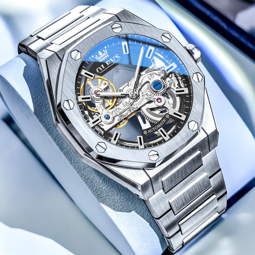 OLEVS Luxury Octagonal Skeleton Automatic Watch for Men Stainless Steel Band Hollow Mechanical Sport Self-winding Male Clock