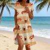 Women's Casual Short Sleeve Dress with Lobster and Beer Print Relaxed Fit Round Neck Mid-Length Summer Dress with Side Slit
