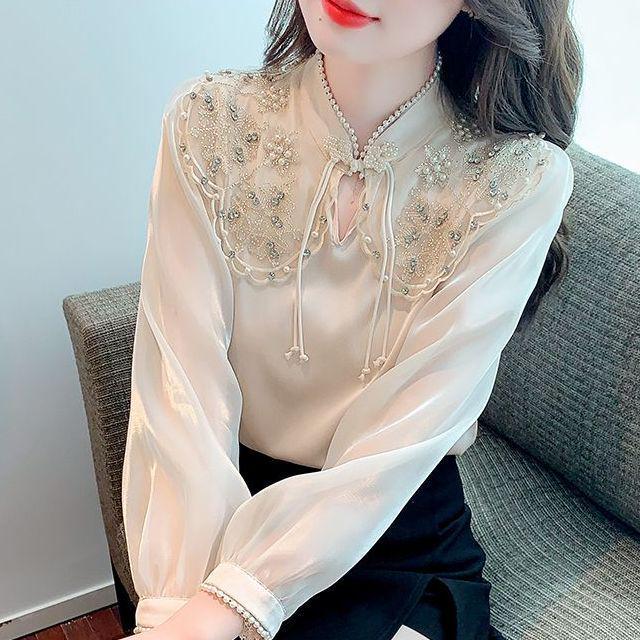 

2025 Новая осенняя вышитая шифоновая блузка-чонсам с длинным рукавом и воротником-стойкой S