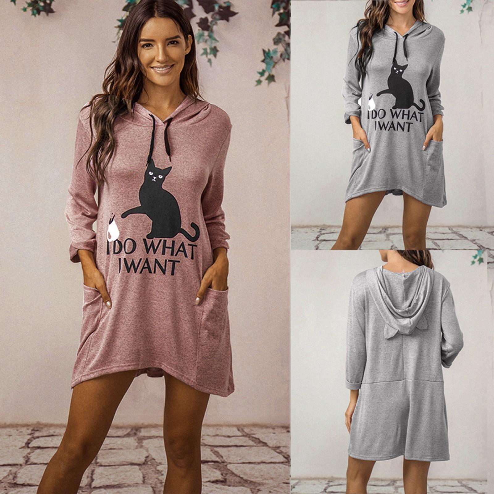 

Женская повседневная печать с кошачьими ушками и капюшоном с длинными рукавами и карманом нерегулярная верхняя блузка