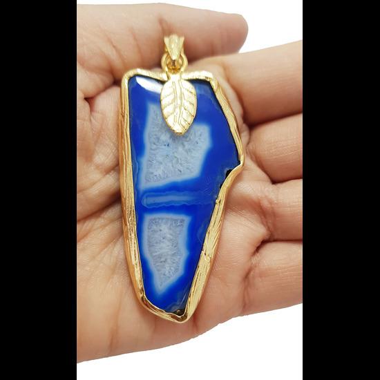 Breezing Bird ## Blue Agate Slice Agate Jewelry, Bohemian Jewelry Gift For Her, Natural Druzy Agate Quartz Pendant, Blue Agate Druzy Pendant