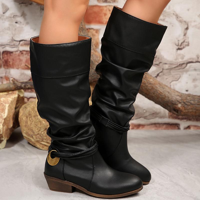 Fashion Metal Decor Block Heel Knee High Boots Women Retro Pleated PU Leather Western Boots Woman Autumn Winter Slip On Wide Leg Botas