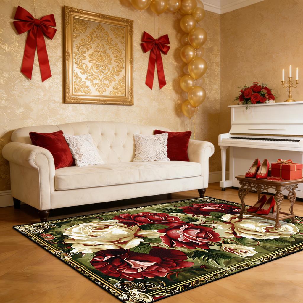 European Style Luxury Rose Living Room Carpet Romanticism Decoration Home Sofa Area Rug Bedroom Washable Soft Floor Mat Antiskid