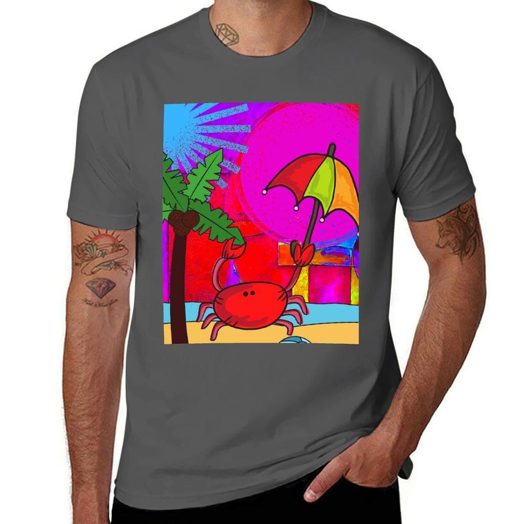 Man CRAB WITH UMBRELLA CUTE T-Shirt ON for FUNNY BEACH RED CARTOON FUCHSIA ORIGINAL Graphic Funny PINK T ART Shirts