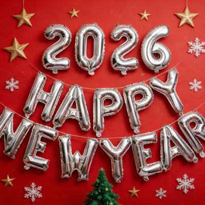 HAPPY NEW YEAR 2026 Ballon 16 Zoll Folienbuchstabe Frohes Neues Jahr Ballons NYE Banner Hintergrunddekoration für Silvesterpartyzubehör