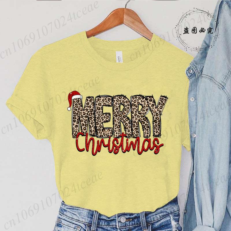 Leopard Merry Christmas Print TShirts Crew Neck Tshirt Casual Short Sleeve Top for Christmas Unisexs Clothing Tshirt Top