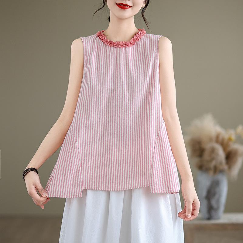 Summer Art Retro Loose Striped Sleeveless Shirt Top for Women Blouses & Shirts
