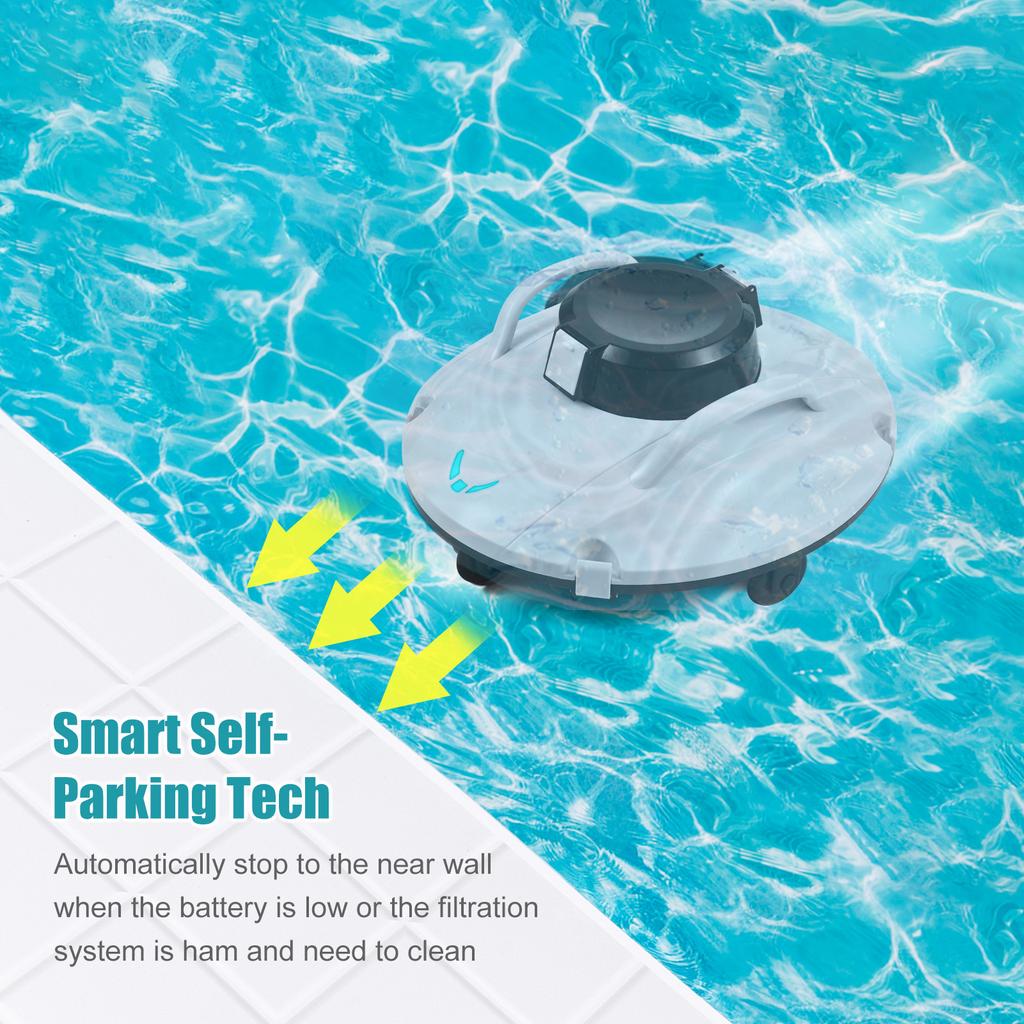 Pulitore Robotico per Piscina Senza Fili 30W Aspiratore per Piscina 30W Potente Aspirazione Durata 90 Minuti con Indicatore LED Supporta Parcheggio Automatico per Piscina Fuori Terra/Interrata