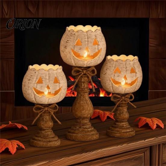 Halloween Party Table Accents Rustic White Pumpkin Tealight Candle Holder Set, Farmhouse Tea Light Distressed Resin Ornaments Holders Decor,