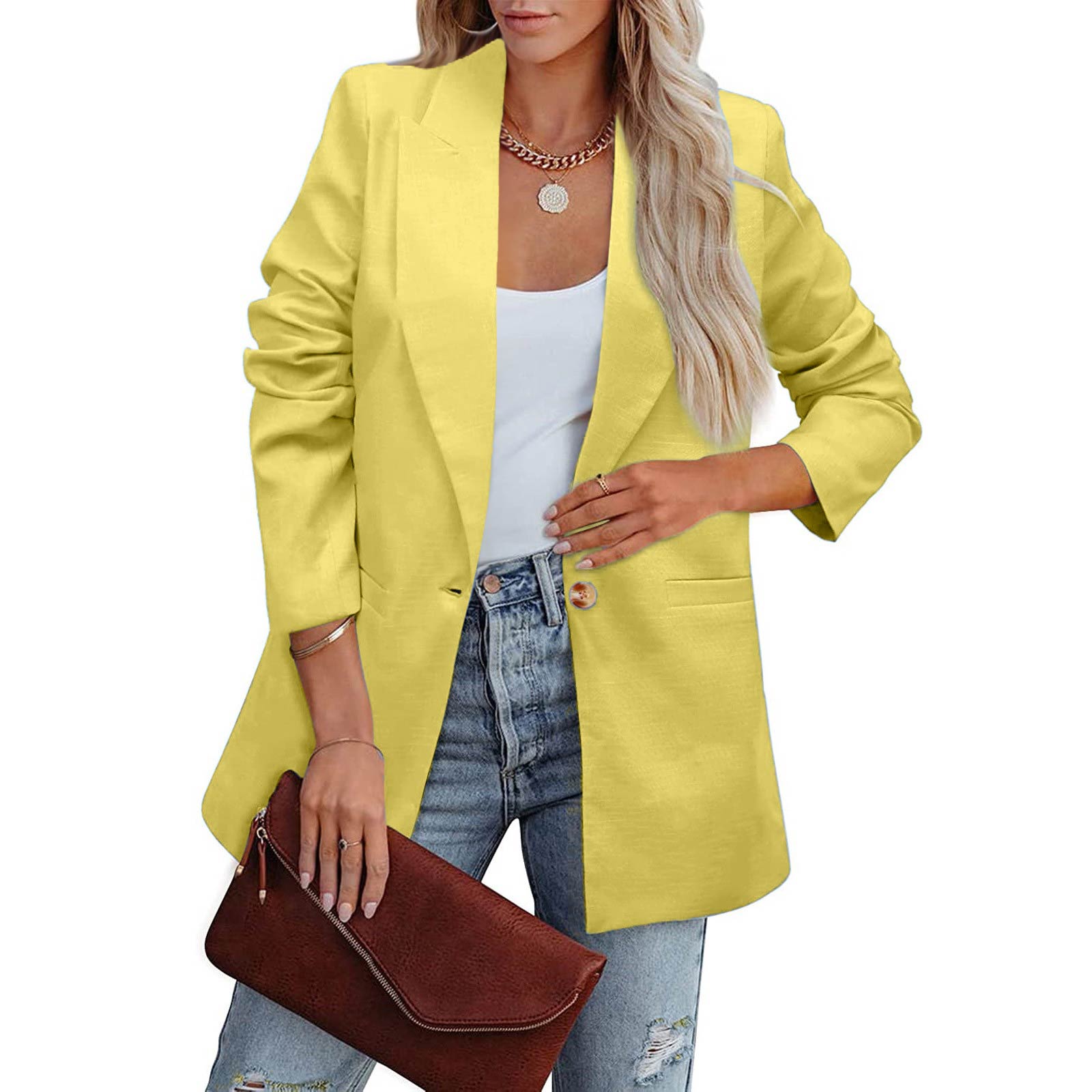 

Женское повседневное рабочее пальто с длинным рукавом и V-образным вырезом на одной пуговице, однотонное XL жёлтый