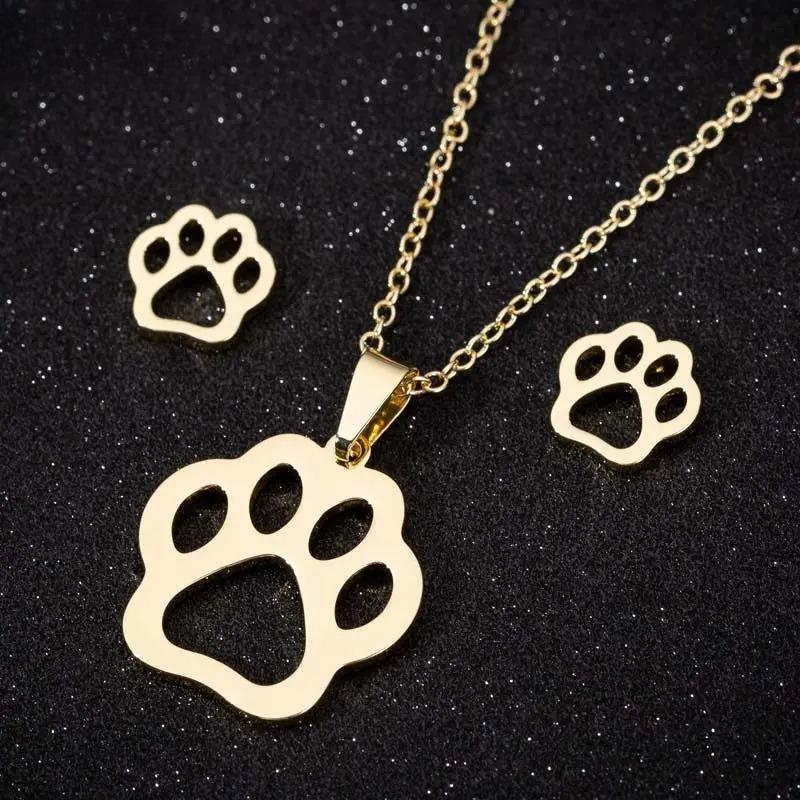 Härligt Guld Färg Kattunge Katt Rostfritt Stål Smyckesset Halsband Herr Collares Mode Ihåligt Kattörhänge Halsband Tass Smycken
