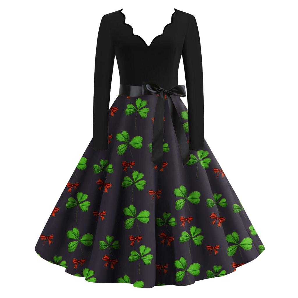Women's St. Patrick's Day Print V-Neck Slim Fit Long Sleeve Swing Dress