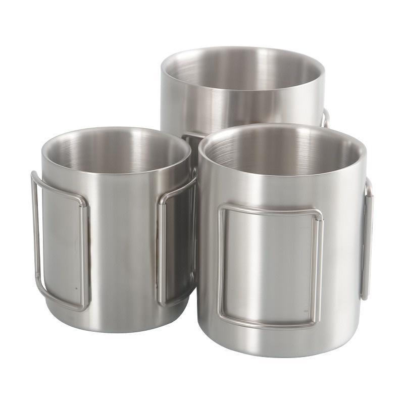 Camping Cup Tableware Nature Hike Travel Picnic Portable Mug Cupped Stainless Steel Water Cup Mug with Foldable Handle Cookware