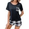 European and American Style Summer French Two-piece Loungewear Pullover Short-sleeved Plaid Pocket Plaid Shorts Set Pajamas Women