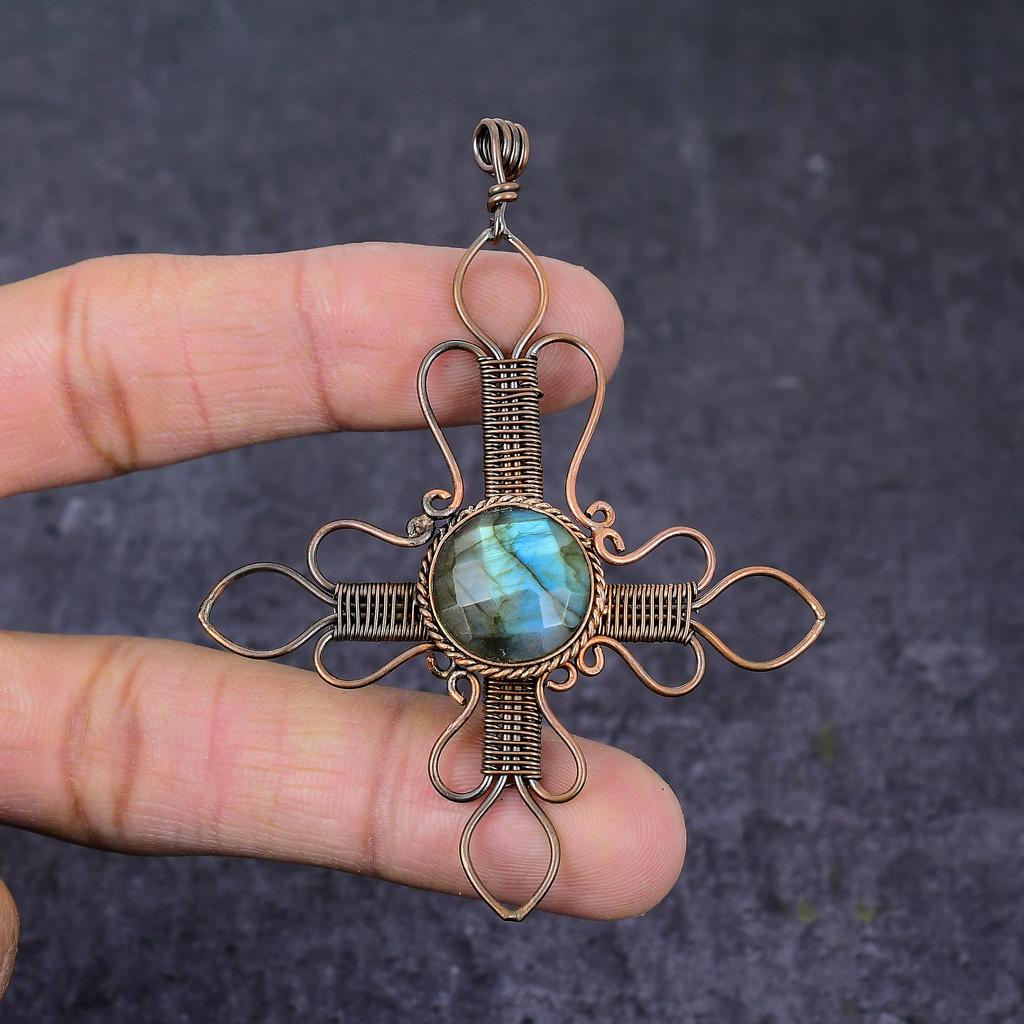 Labradorite Gemstone Handmade Copper Wire Wrap Cross Jewelry Pendant 3.15" H8n74
