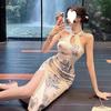 Improved cheongsam, young temperament, retro printing, daily wear, medium and long sexy hip-wrapped dress, summer