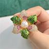 Green Elegant Colorful Flower Brooches For Women Luxury Pearl Rhinestone Enamel Leaves Corsage Accessories Wedding Pin