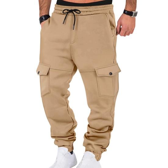 Men Winter Sweatpants Thickened Cargo Pants Warm Casual Baggy Trousers Drawstring Waist Jogger Pants
