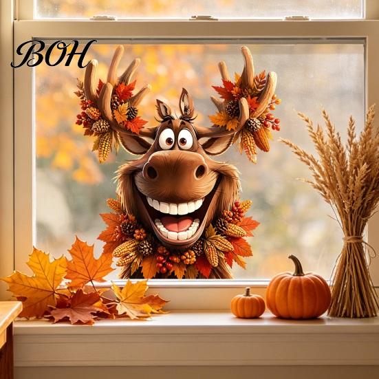 Decorative PVC Window Film Thanksgiving Sticker, Static Cling Fall Decal, Removable Autumn Decals Cute Animal Sticker for Holiday Decoration