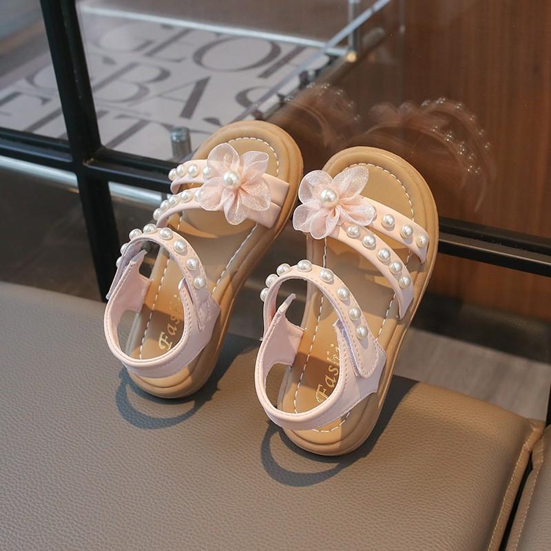 Prinzessinnen-Sandalen für Mädchen mit Perlenblumen-Dekor Weiche Gummisohle Strand-Festlich-Wear