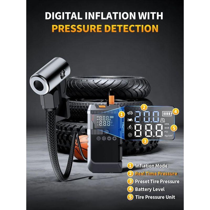 Portable 12V Jump Starter with Air Compressor, 160PSI Tire Inflator, LED Display, and Jumper Cables for Gas & 12L Engines