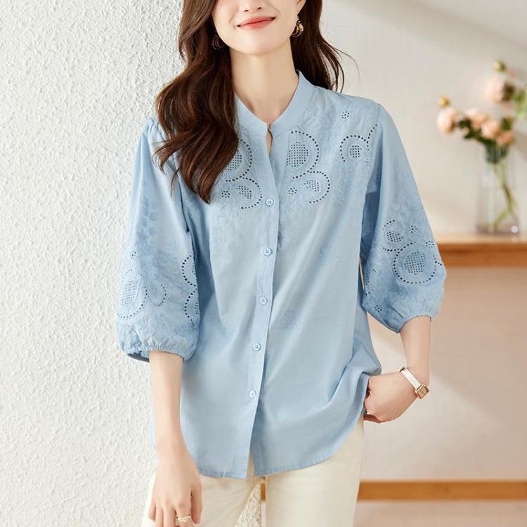 Women Summer New V Neck Embroidered Hollow Apricot Shirt Three Quarter Sleeve Commuter Temperament Pure Cotton Top M