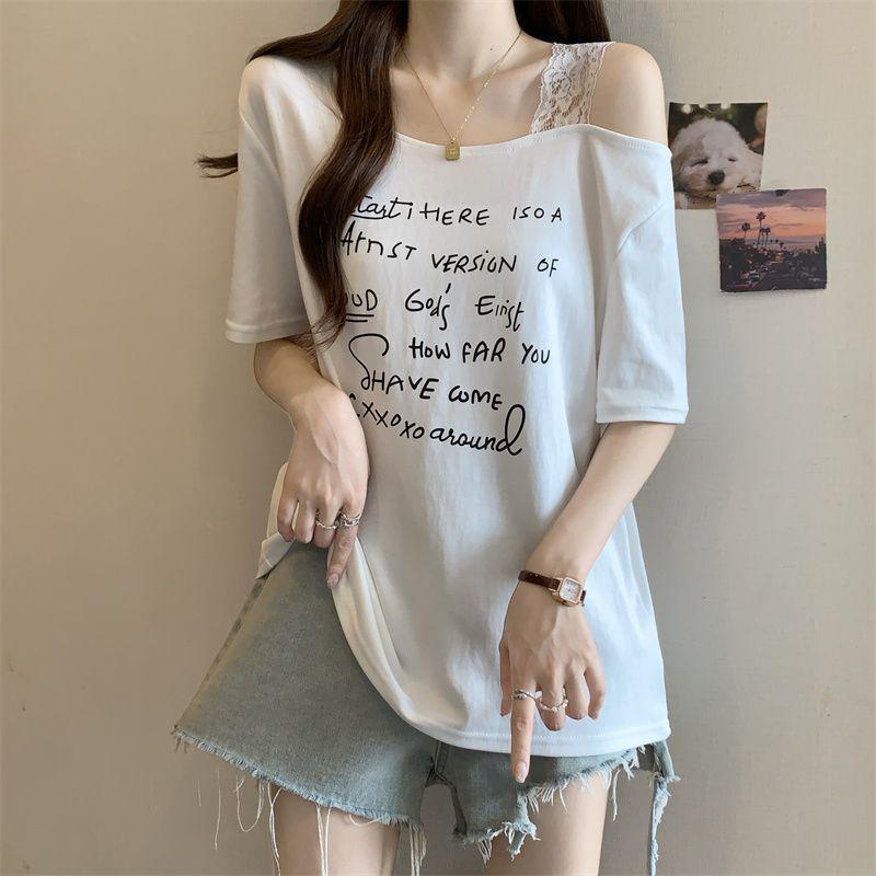 Plus Size Off-Shoulder Letter Print T-Shirt - Women's Summer 2026 Fashion