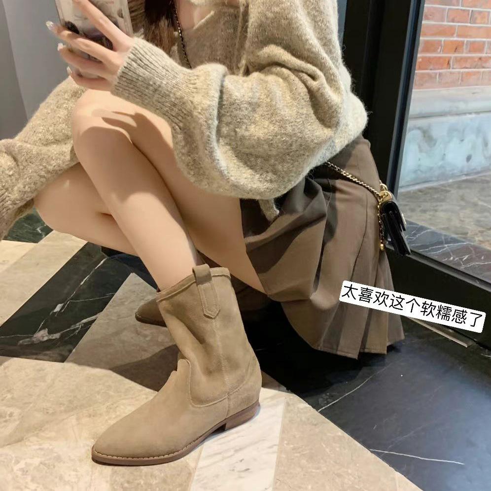 

Винтажные кожаные джинсовые короткие ботинки в стиле вестерн женские весенние и осенние одинарные ботинки с широким берцем и острым носком Ботинки Martin 40