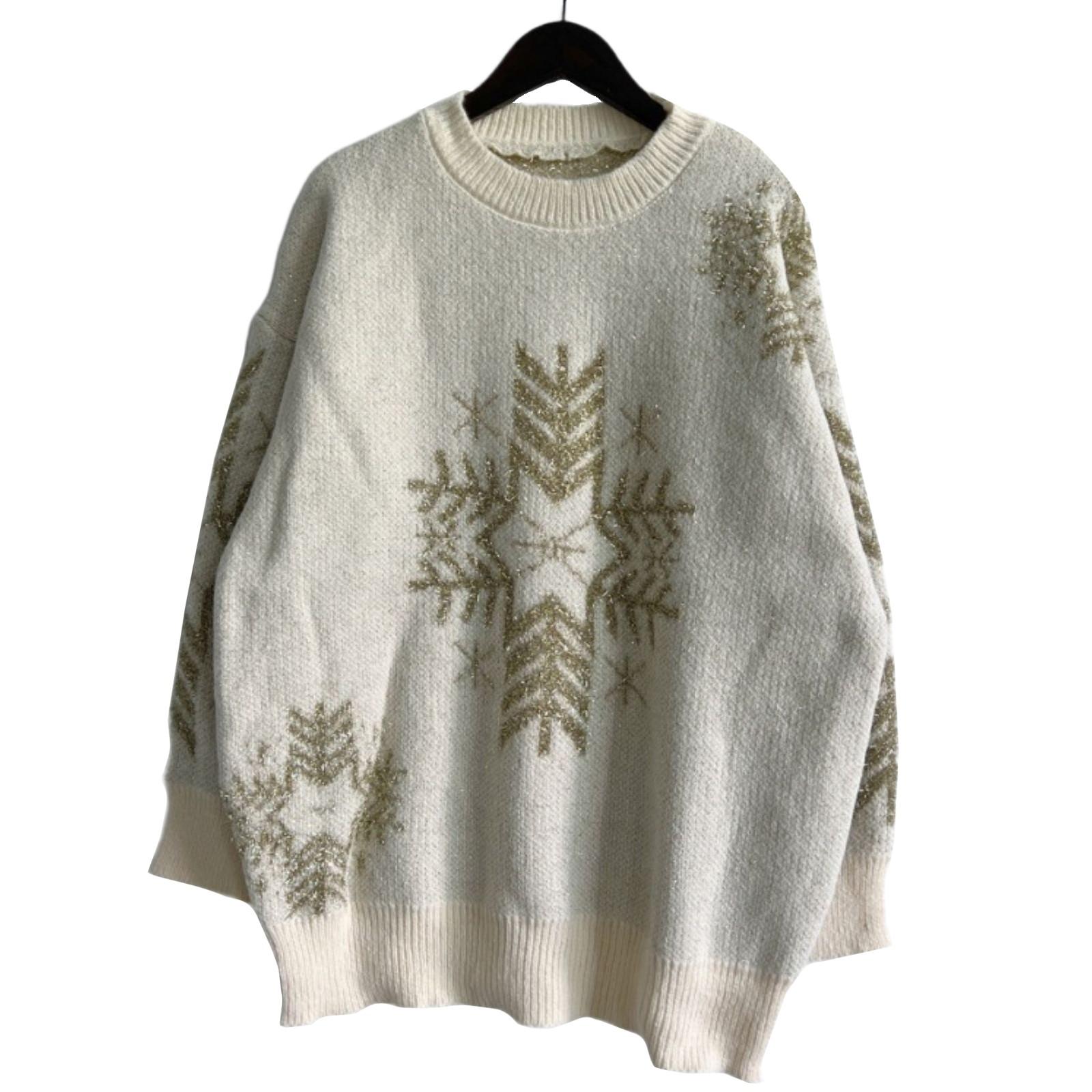 

Женская мода осень и зима рождественский свободный круглый вырез пуловер вязаный свитер M белый