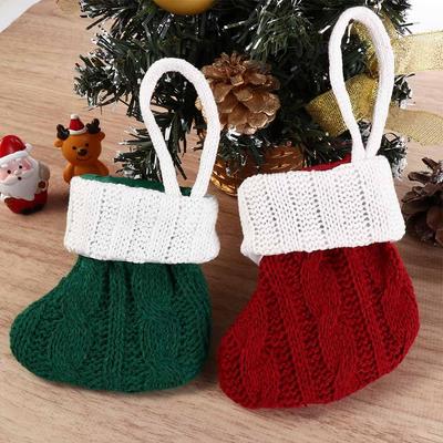 Red/Green Christmas Knitted Green Sock Handmade Mini Christmas Tree Hanging Mini Socks with White Top Decorative