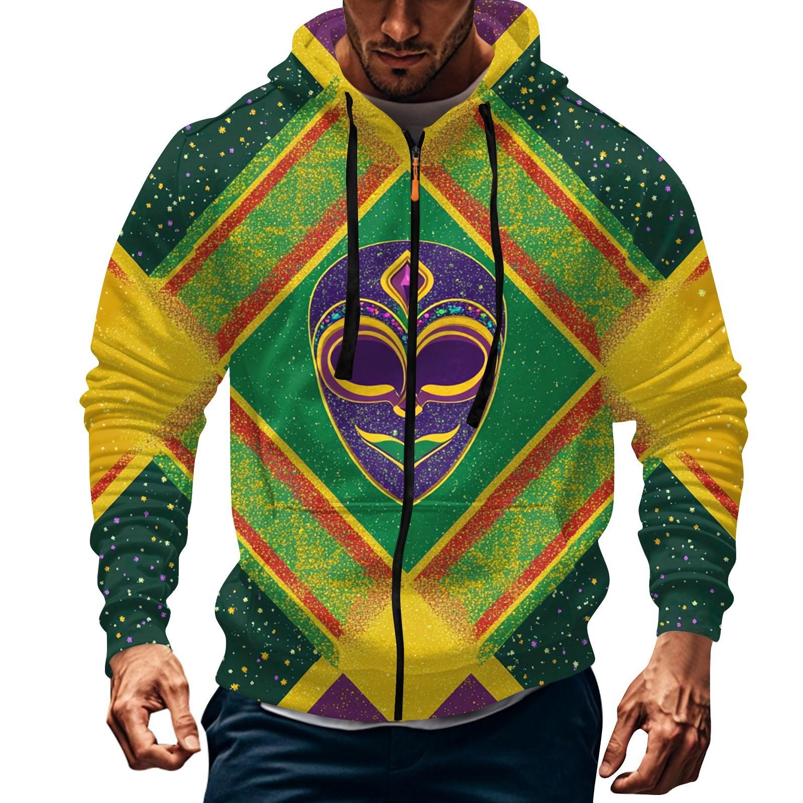 

Мужская спортивная повседневная флисовая толстовка с капюшоном с карнавальным принтом, кардиган с капюшоном на молнии и множеством карманов, пальто с капюшоном M зелёный