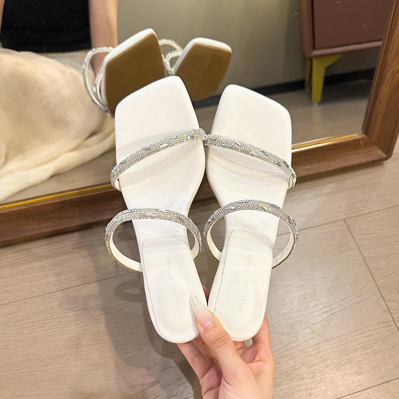 Fashion New Summer High-heeled Women's Thin Heels, Shiny Rhinestone One-strap Flip-flops, and Elegant Sandals