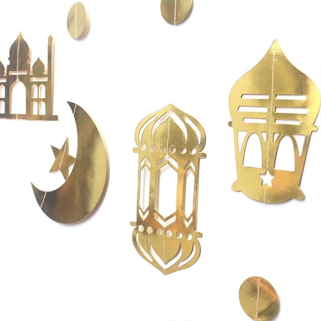 Eid Paper String Pendant 8pcs/set Golden Moon Star Hanging Garland for Banner Ornament for Islam Muslim Ramadan Party Wa less