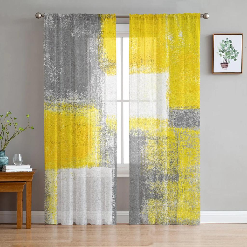 Oil Painting Abstract Geometric Yellow Gray Sheer Curtains for Living Room Decoration Window Curtain Kitchen Tulle Voile Drapes