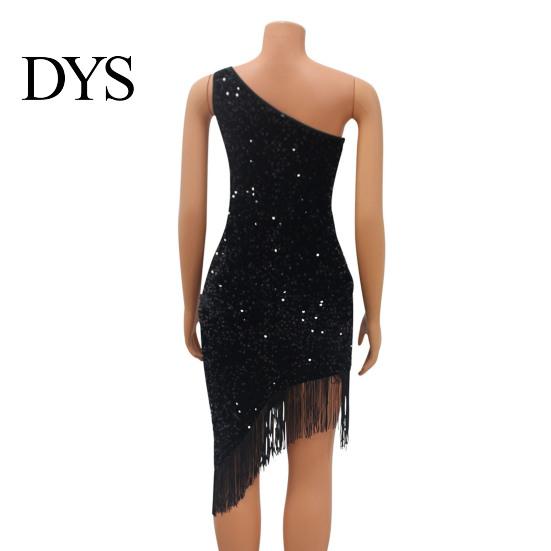 Slim-fit Party Outfit Women Evening Dress Slant Tassel Hem Sequin One Sloping Shoulder Sleeveless Bodycon Wedding Cocktail Clubwear Midi Attire
