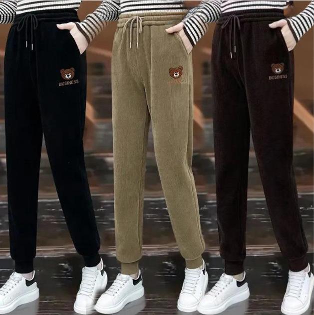 Bear Sweatpants Women's Autumn and Winter Wicks Fleece Thickened Men's and Women's Leisure Sports Tied Feet Women's Sports Pants